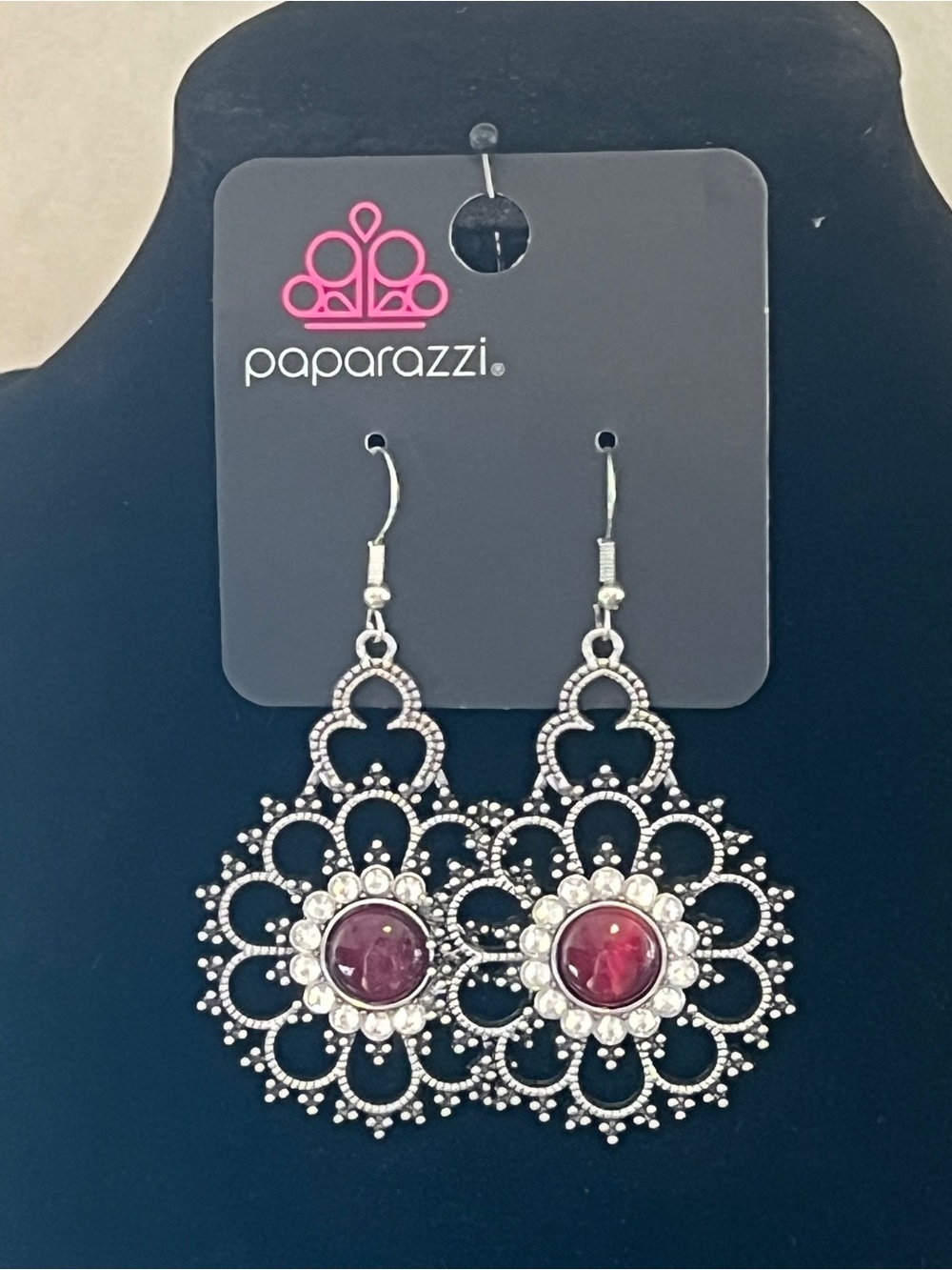 Paparazzi Silver Filigree Earrings with Red Center Gems